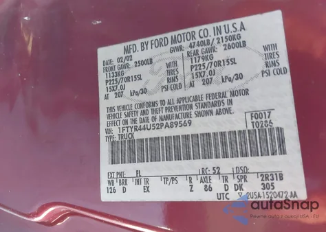 2002 Ford Ranger Edge/Tremor/Xlt из США, поврежденный, VIN 1FTYR44U52PA89569